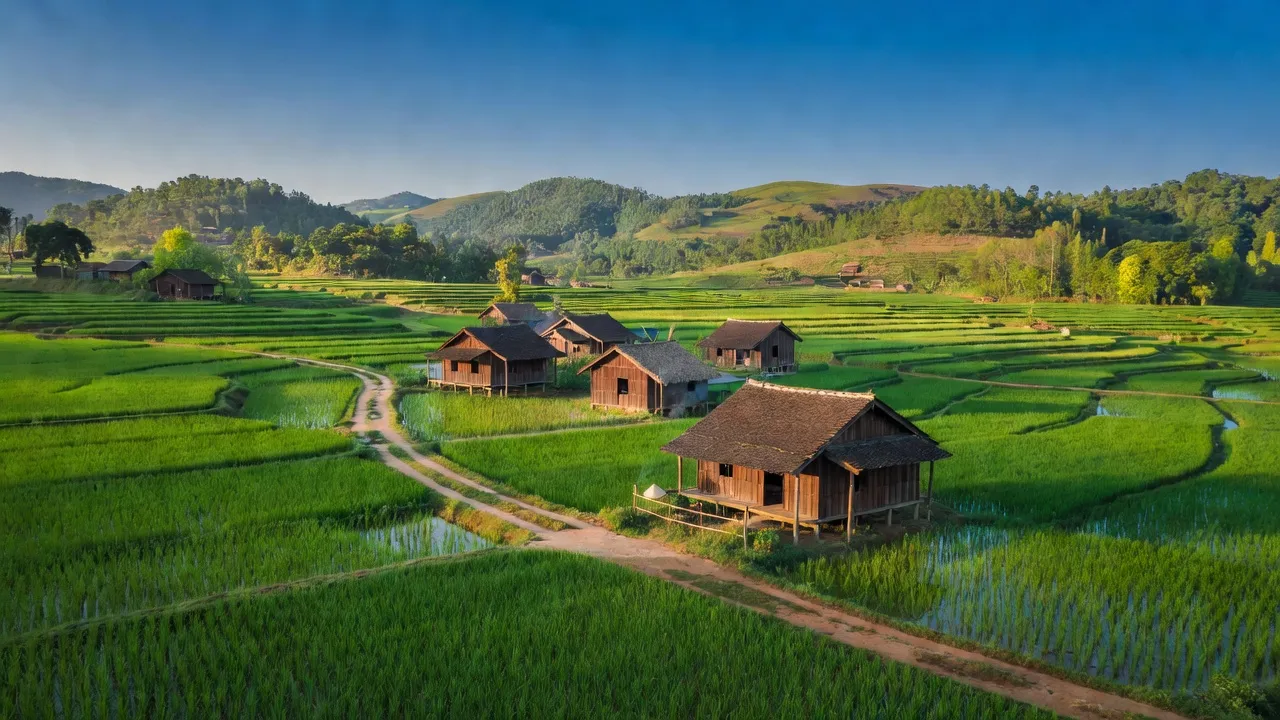 Cảnh đẹp Xã Tào Sơn, huyện Anh Sơn, tỉnh Nghệ An với đồng xanh và nhà truyền thống.