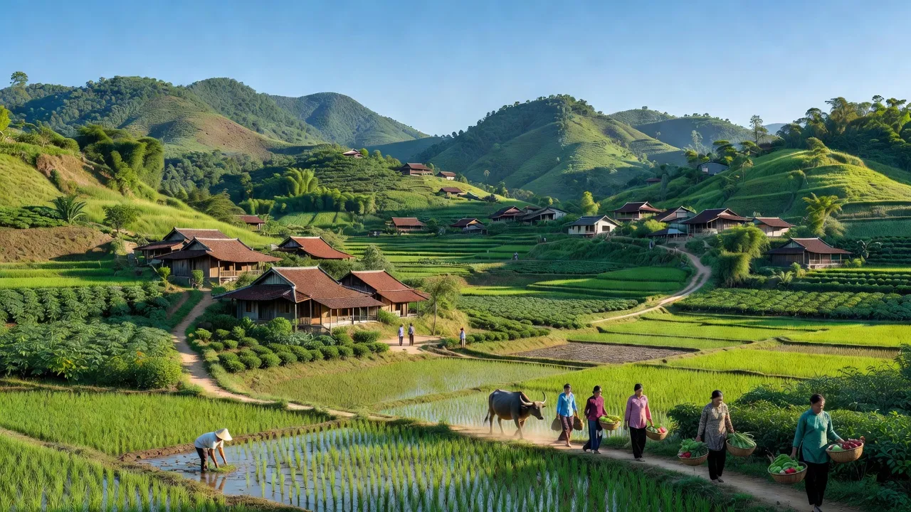 Khung cảnh xã Thọ Sơn huyện Anh Sơn, Nghệ An với đồi núi và cuộc sống nông thôn.