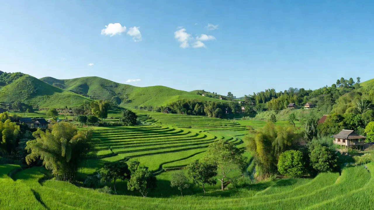 Quang cảnh xã Tường Sơn, huyện Anh Sơn, Nghệ An với đồi xanh, cánh đồng lúa và trời xanh.