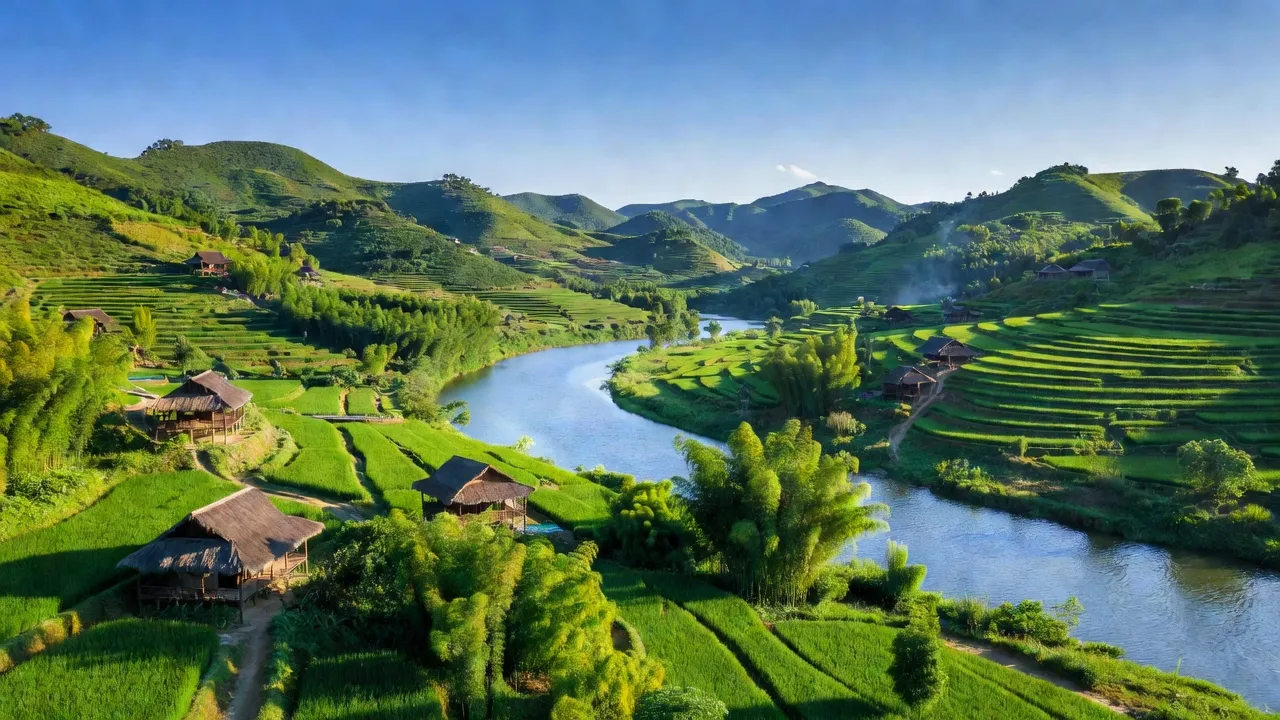 Cảnh sắc xã Vĩnh Sơn, huyện Anh Sơn, Nghệ An với đồi núi xanh mát và sông Lam.