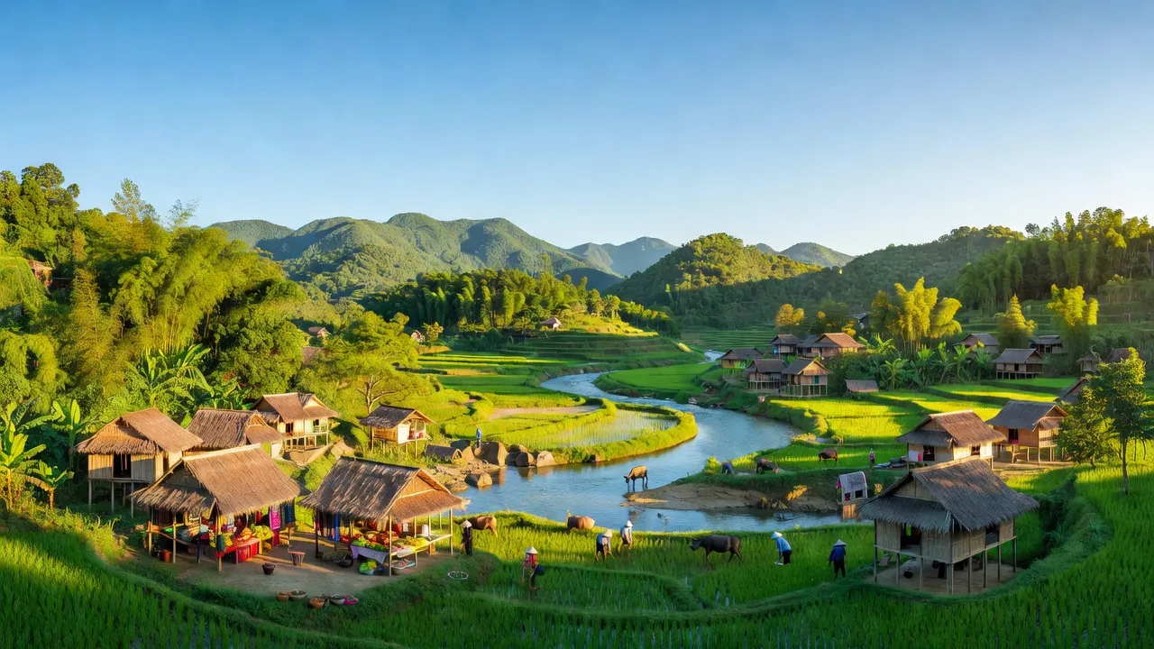 Cảnh quan huyện Con Cuông, Nghệ An với núi xanh, sông uốn lượn và làng truyền thống.