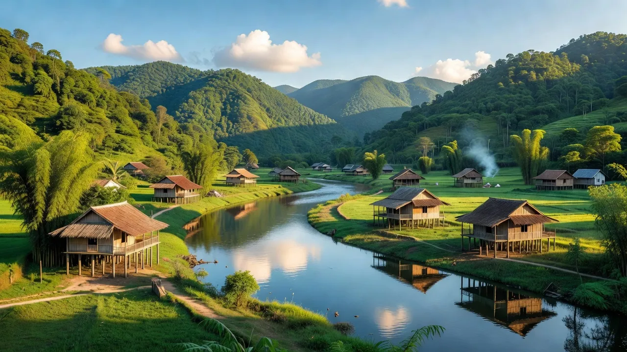 Khung cảnh bình yên xã Cam Lâm, huyện Con Cuông, tỉnh Nghệ An với núi xanh và nhà sàn truyền thống.