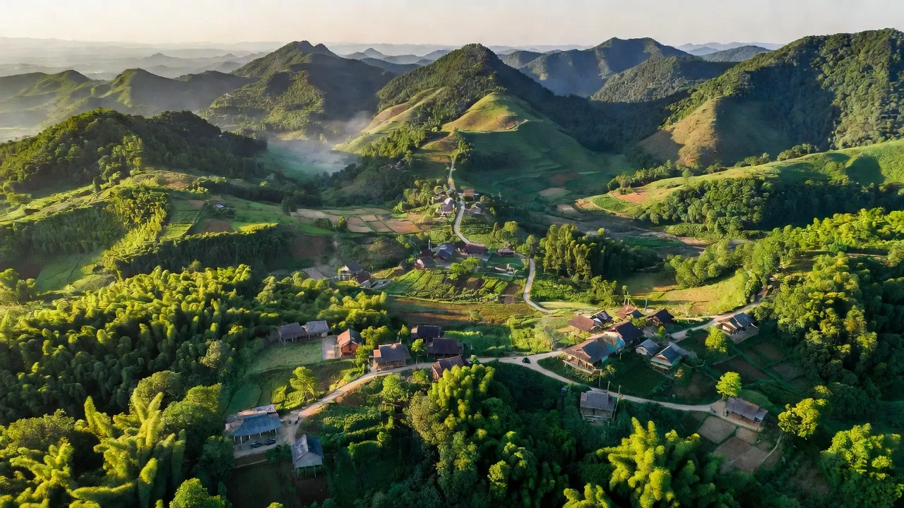 Khung cảnh xã Châu Khê, huyện Con Cuông, Nghệ An với rừng cây xanh tươi và đồi núi.