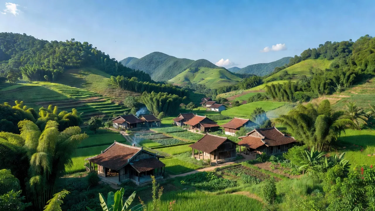 Khung cảnh bình yên xã Chi Khê, huyện Con Cuông, tỉnh Nghệ An với núi non xanh tươi.