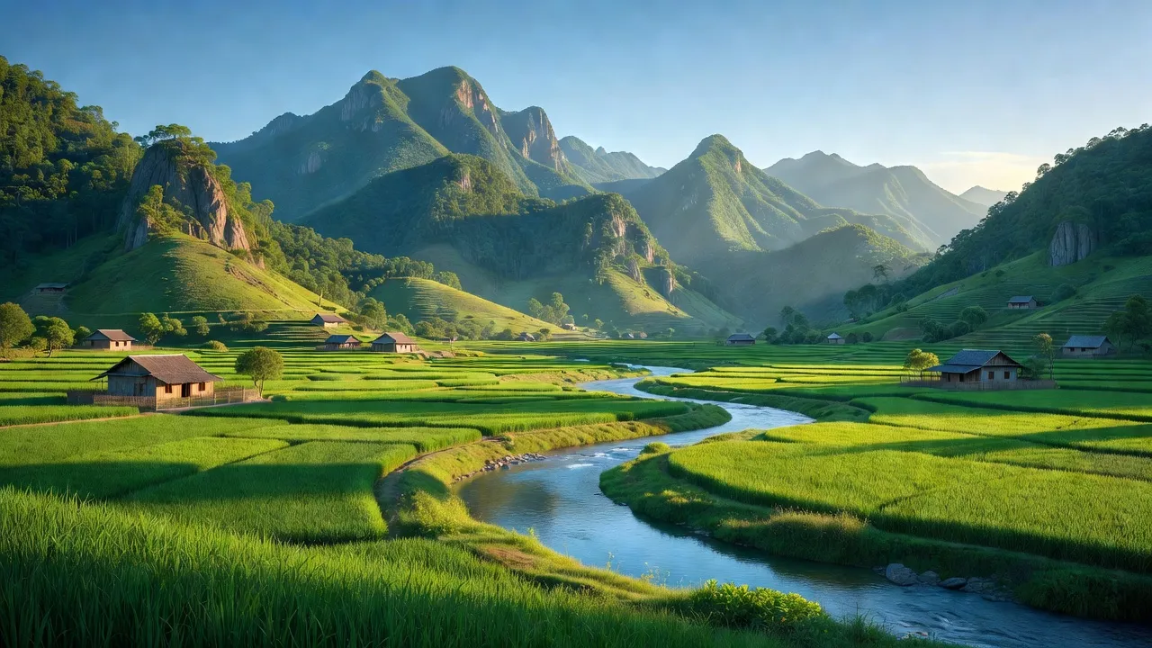 Khung cảnh yên bình tại xã Chi Khê, huyện Con Cuông, Nghệ An với núi non và cánh đồng.