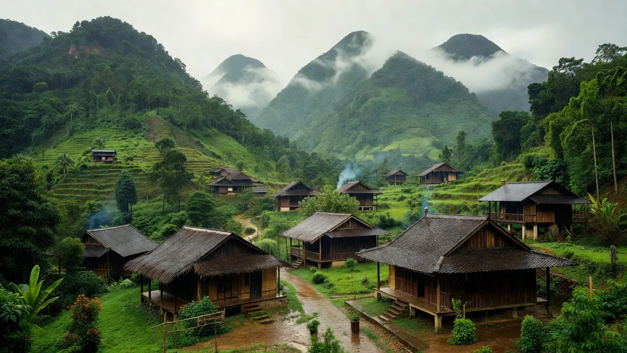Cảnh đẹp xã Đôn Phục, huyện Con Cuông, tỉnh Nghệ An với núi xanh và nhà truyền thống.