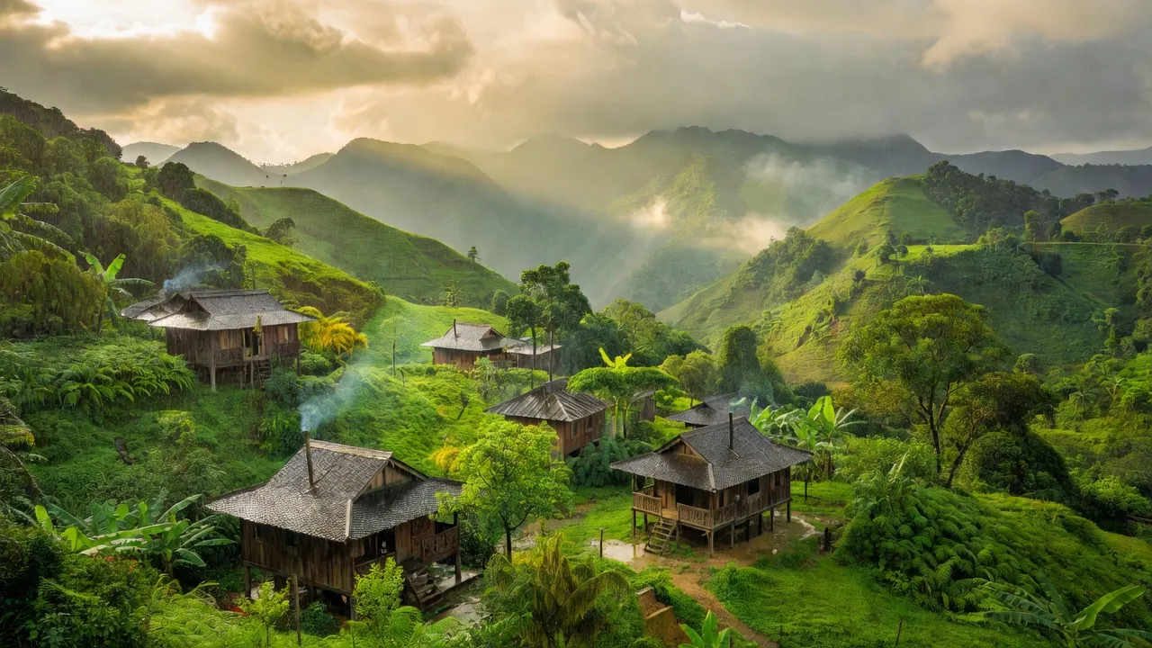 Khung cảnh xinh đẹp xã Đôn Phục, huyện Con Cuông, tỉnh Nghệ An, với núi non xanh tươi.