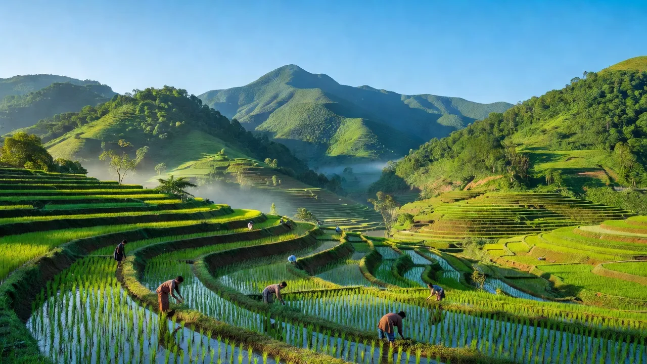 Khung cảnh thanh bình tại xã Lạng Khê, huyện Con Cuông, tỉnh Nghệ An với núi xanh và ruộng bậc thang.