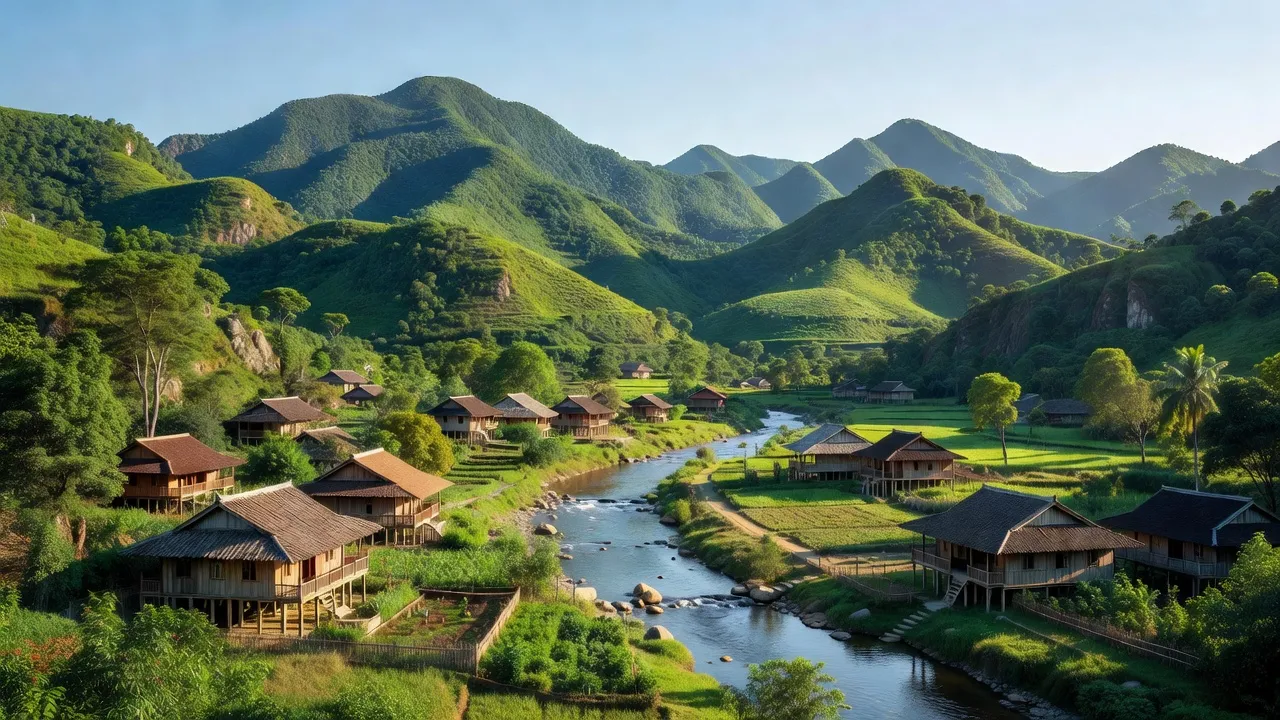 Cảnh đẹp xã Lục Dạ, huyện Con Cuông, tỉnh Nghệ An với núi xanh và sông trong lành.