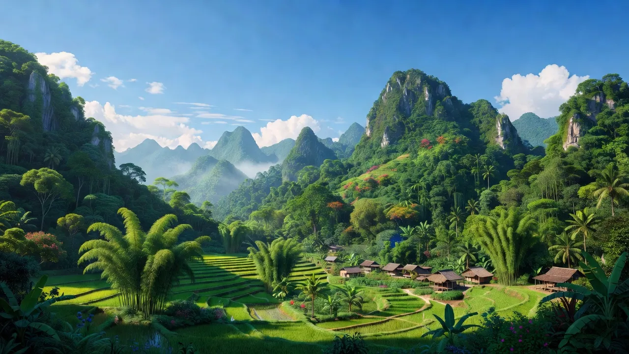 Cảnh quan xã Mậu Đức, huyện Con Cuông, Nghệ An với núi non, cây cối và bầu trời.