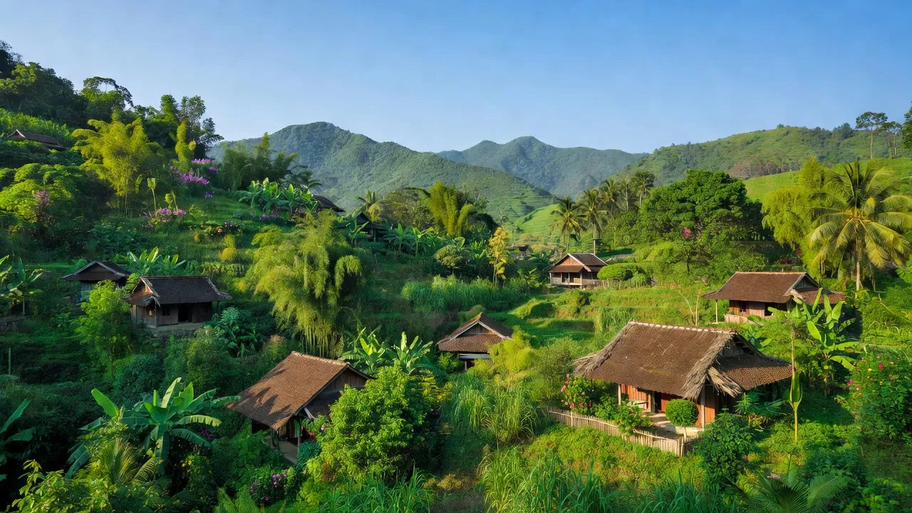 Cảnh quan yên bình xã Mậu Đức, huyện Con Cuông, tỉnh Nghệ An, ngọn núi xanh và nhà truyền thống.