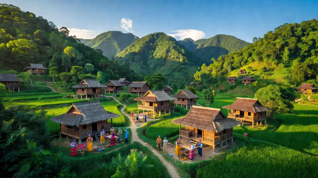 Cảnh đẹp xã Môn Sơn, huyện Con Cuông, tỉnh Nghệ An với núi xanh và nhà gỗ truyền thống.