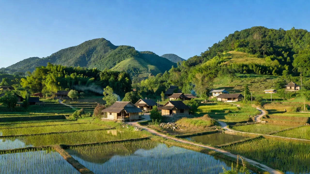 Xã Thạch Ngàn, huyện Con Cuông, Nghệ An, cảnh thiên nhiên xanh tươi và bản làng truyền thống.