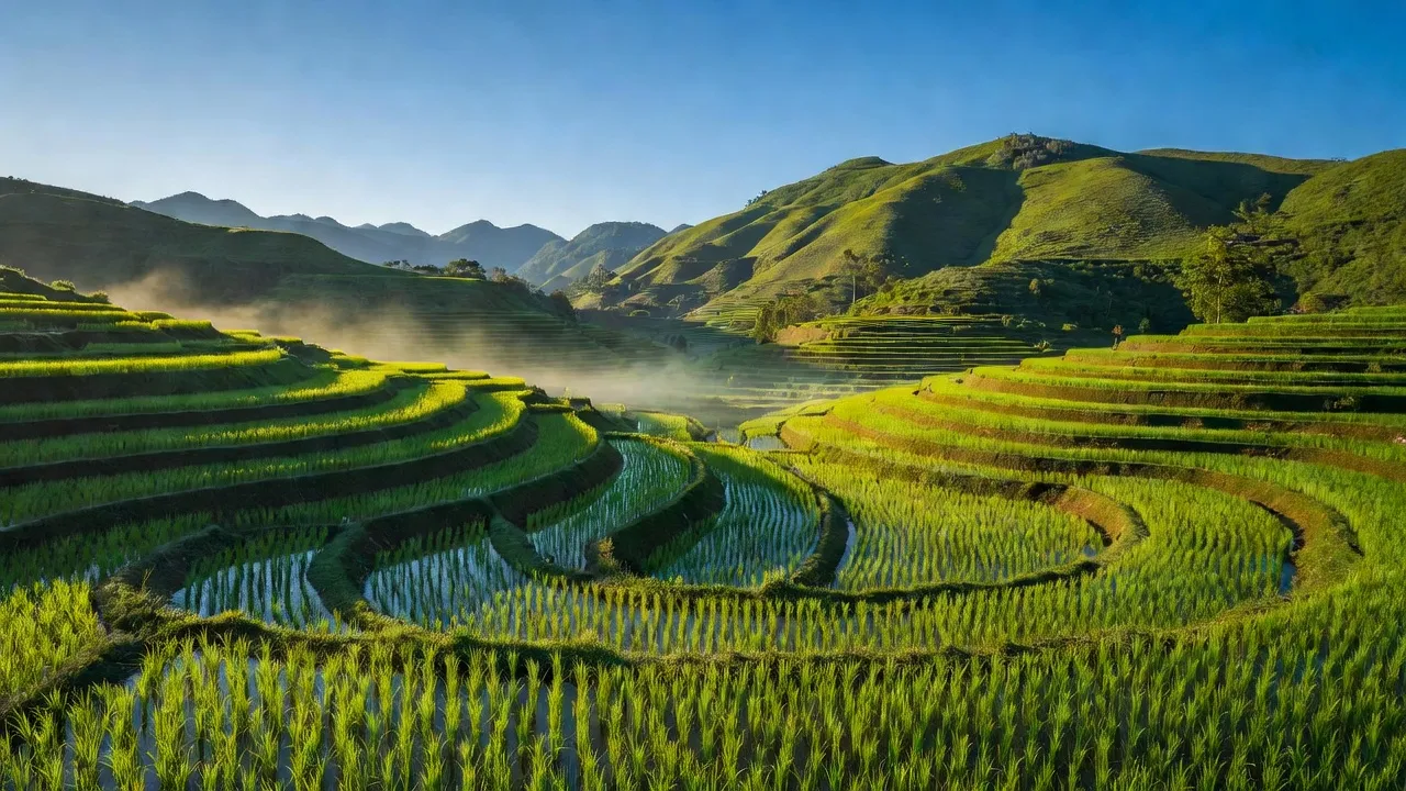 Cảnh quan xã Yên Khê, huyện Con Cuông, Nghệ An với đồi núi và ruộng bậc thang xanh mướt.