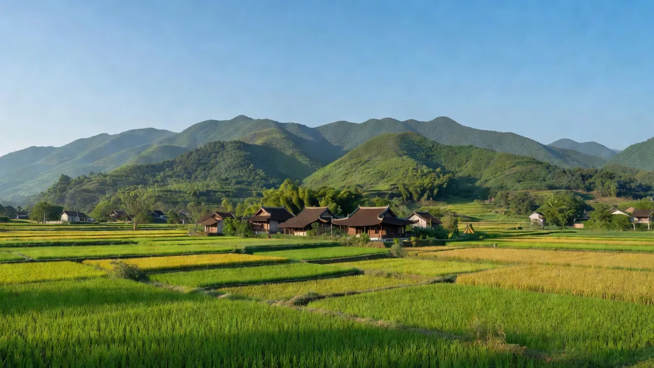 Khung cảnh yên bình xã Yên Khê, huyện Con Cuông, tỉnh Nghệ An với núi non xanh mát.