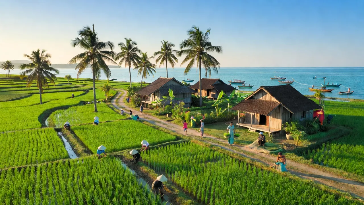 Phong cảnh huyện Diễn Châu, Nghệ An với cánh đồng xanh và kiến trúc truyền thống, biểu trưng cho du lịch.