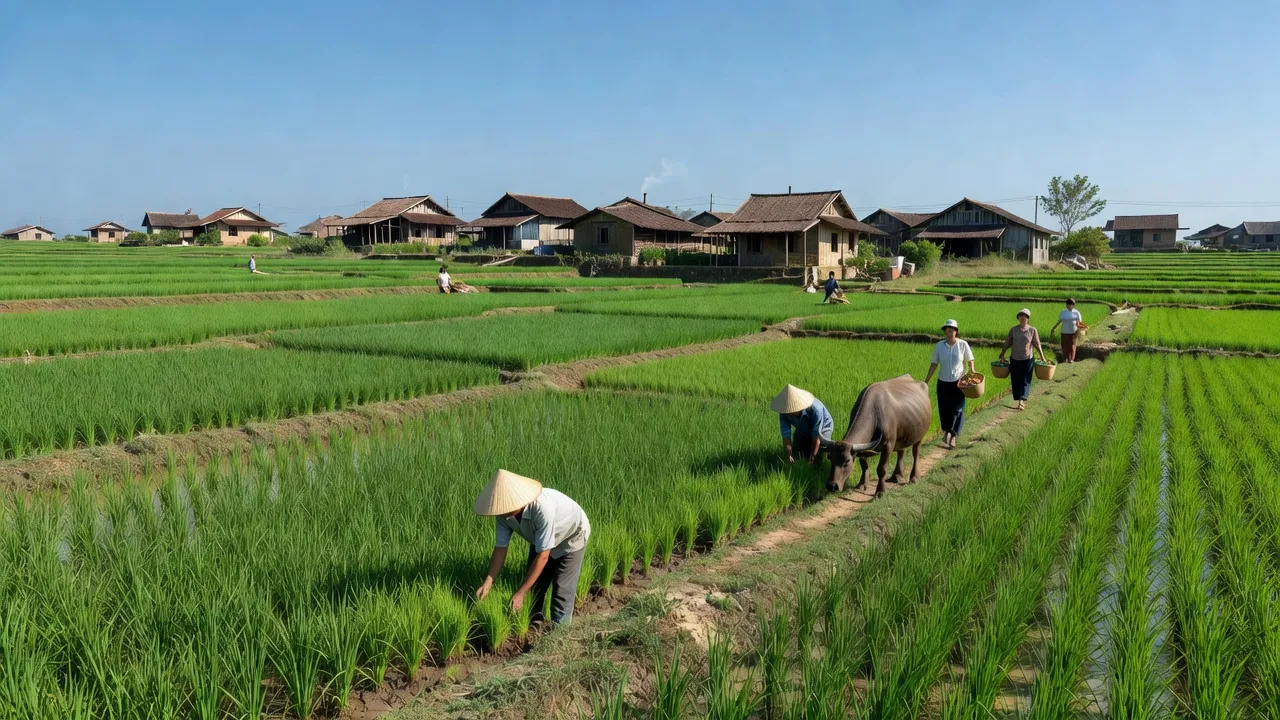 Khung cảnh Diễn Cát, Nghệ An với cánh đồng xanh và hoạt động hàng ngày dưới ánh nắng. Diễn Châu.