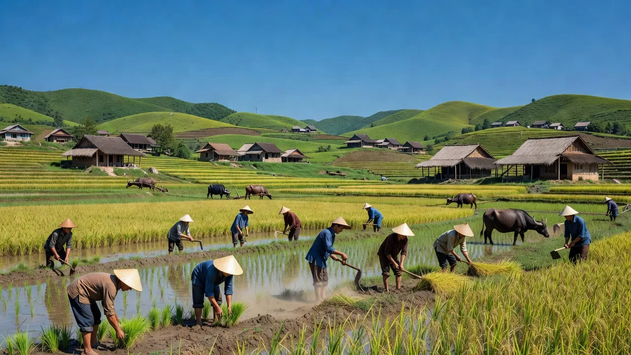 Khung cảnh xã Diễn Đoài, huyện Diễn Châu, tỉnh Nghệ An với cánh đồng và đồi xanh.
