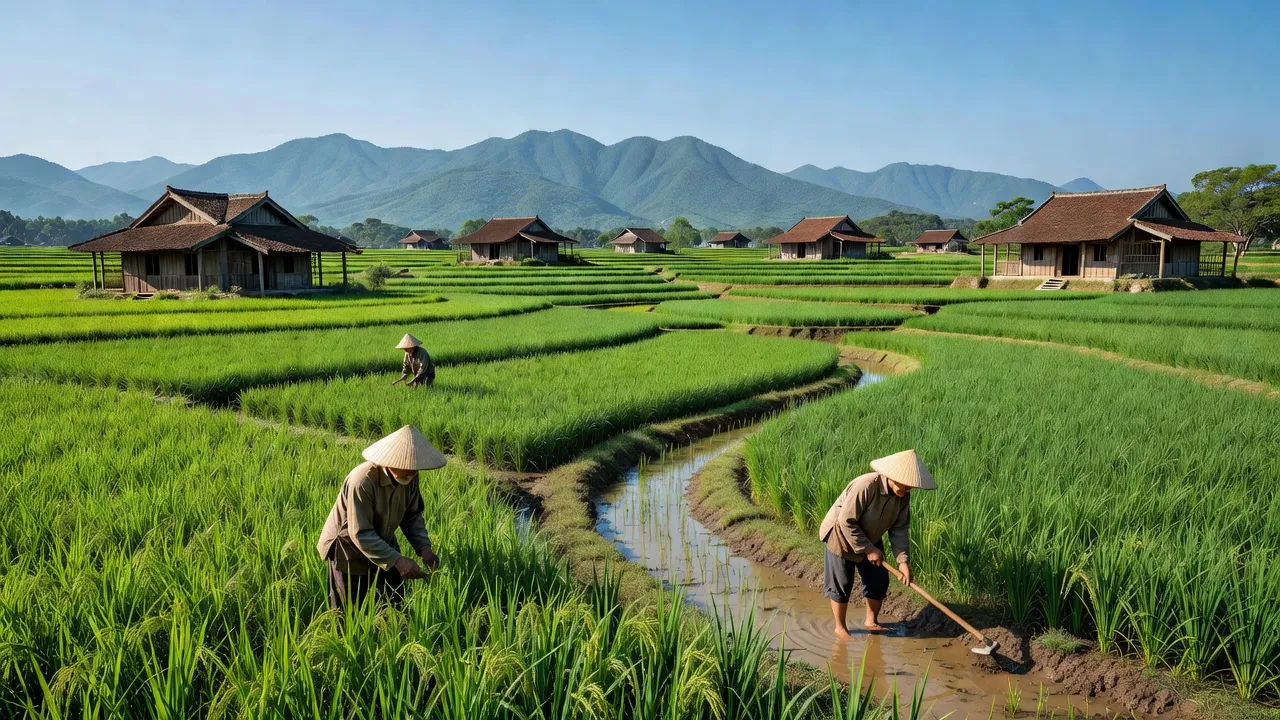 Khung cảnh bình yên ở Xã Diễn Đồng, huyện Diễn Châu, Nghệ An với ruộng xanh và bầu trời trong xanh.