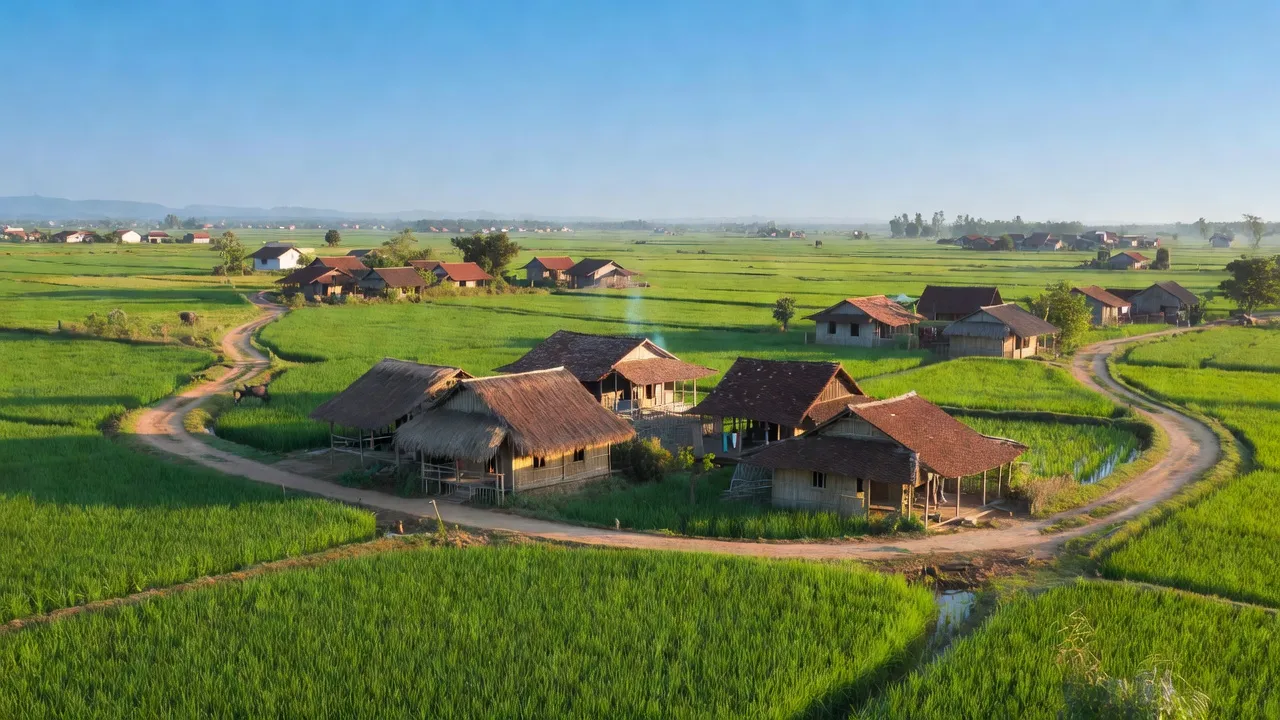 Khung cảnh làng Diễn Hồng, Nghệ An với nhà truyền thống và cánh đồng xanh tươi, trời xanh.