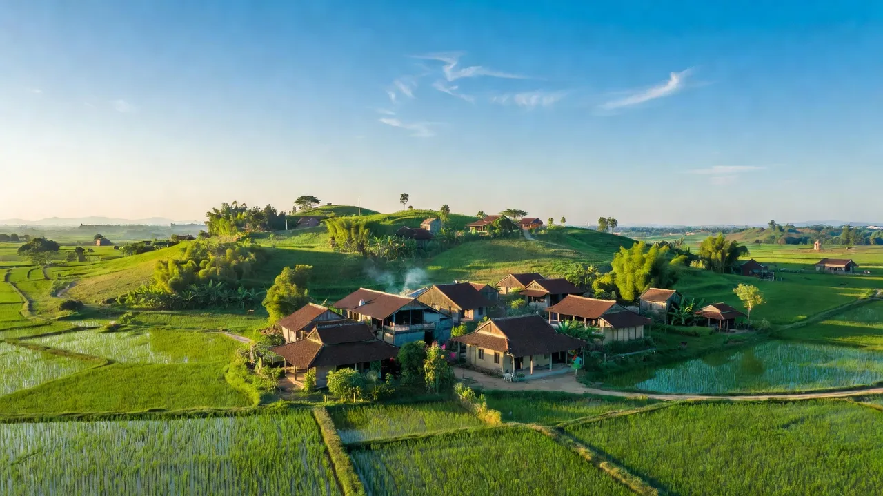 Khung cảnh Xã Diễn Hồng, huyện Diễn Châu, Nghệ An với đồng xanh và nhà truyền thống.