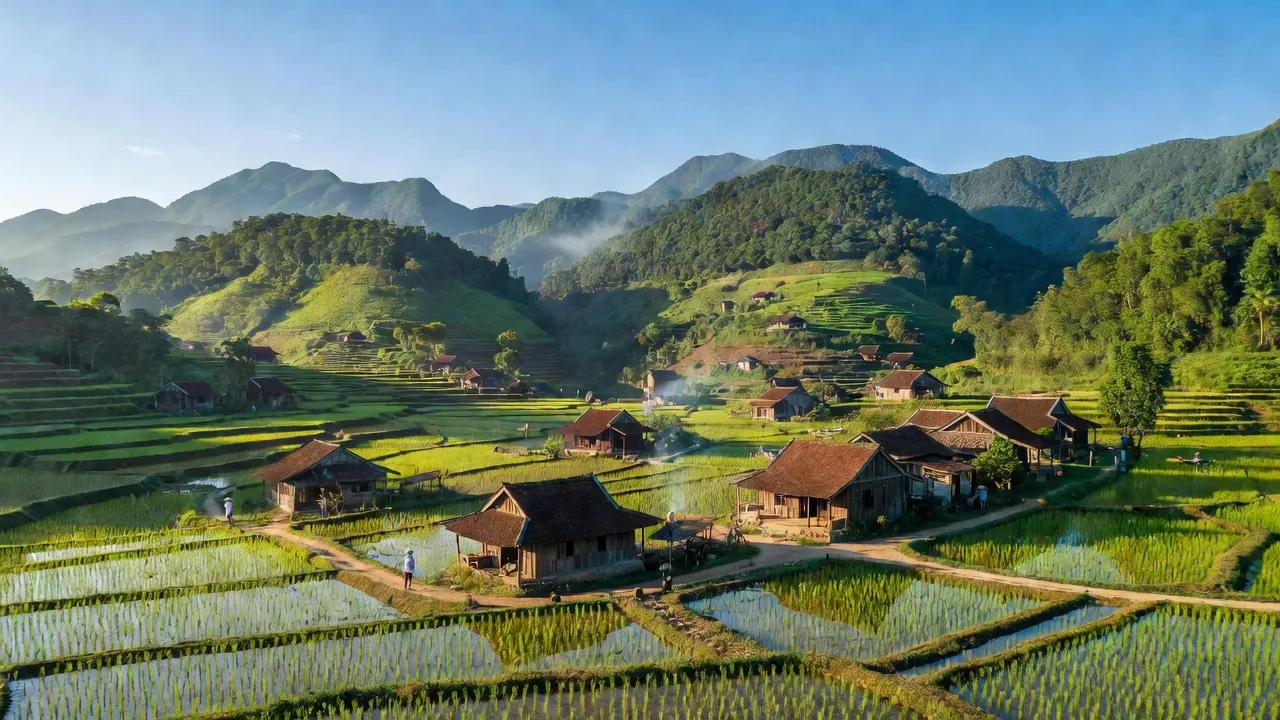 Phong cảnh xanh tươi xã Diễn Lâm, huyện Diễn Châu, Nghệ An với nhà truyền thống và ruộng bậc thang.