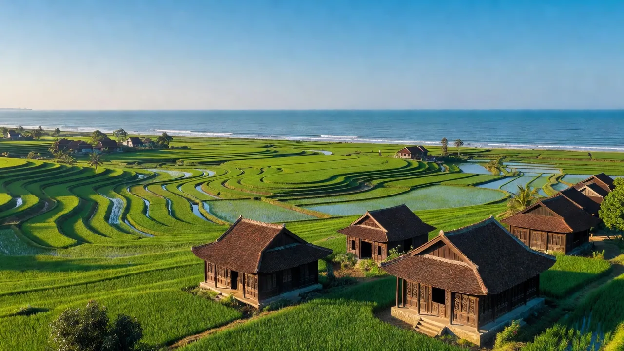 Cảnh đẹp xã Diễn Lộc, Nghệ An với cánh đồng xanh và bầu trời trong sáng, nhà truyền thống.