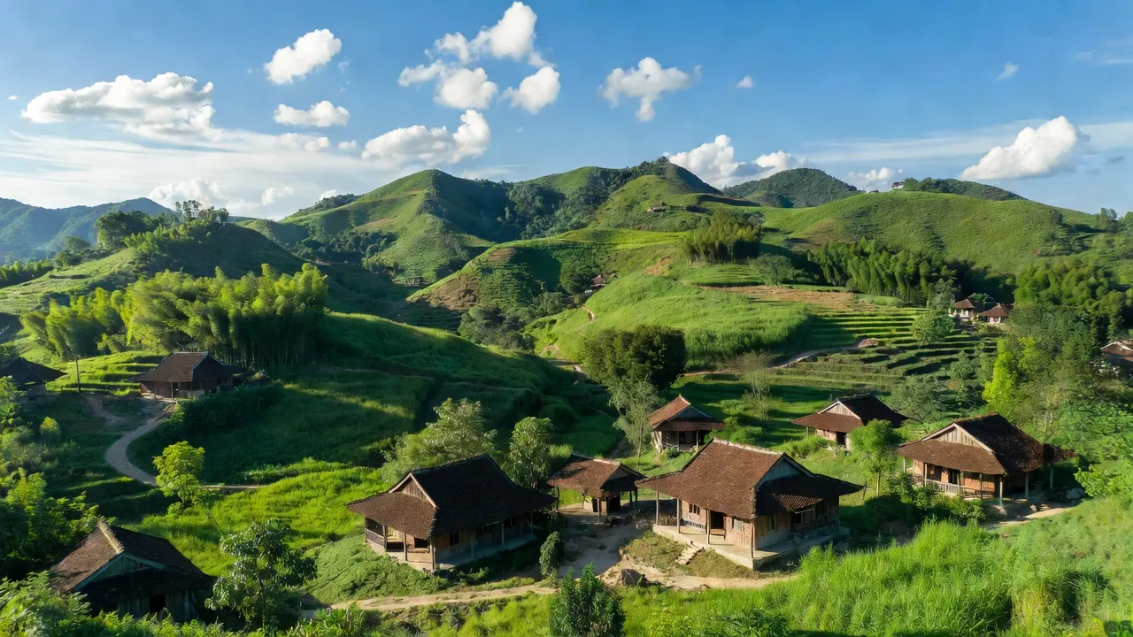 Khung cảnh đẹp tại xã Diễn Lợi, huyện Diễn Châu, Nghệ An với đồi núi và nhà truyền thống.