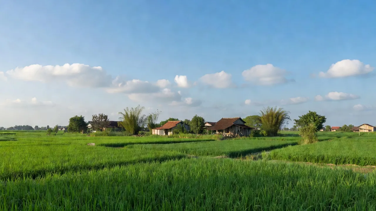 Khung cảnh chú trọng vào xã Diễn Mỹ, huyện Diễn Châu với ruộng xanh và trời trong sáng.