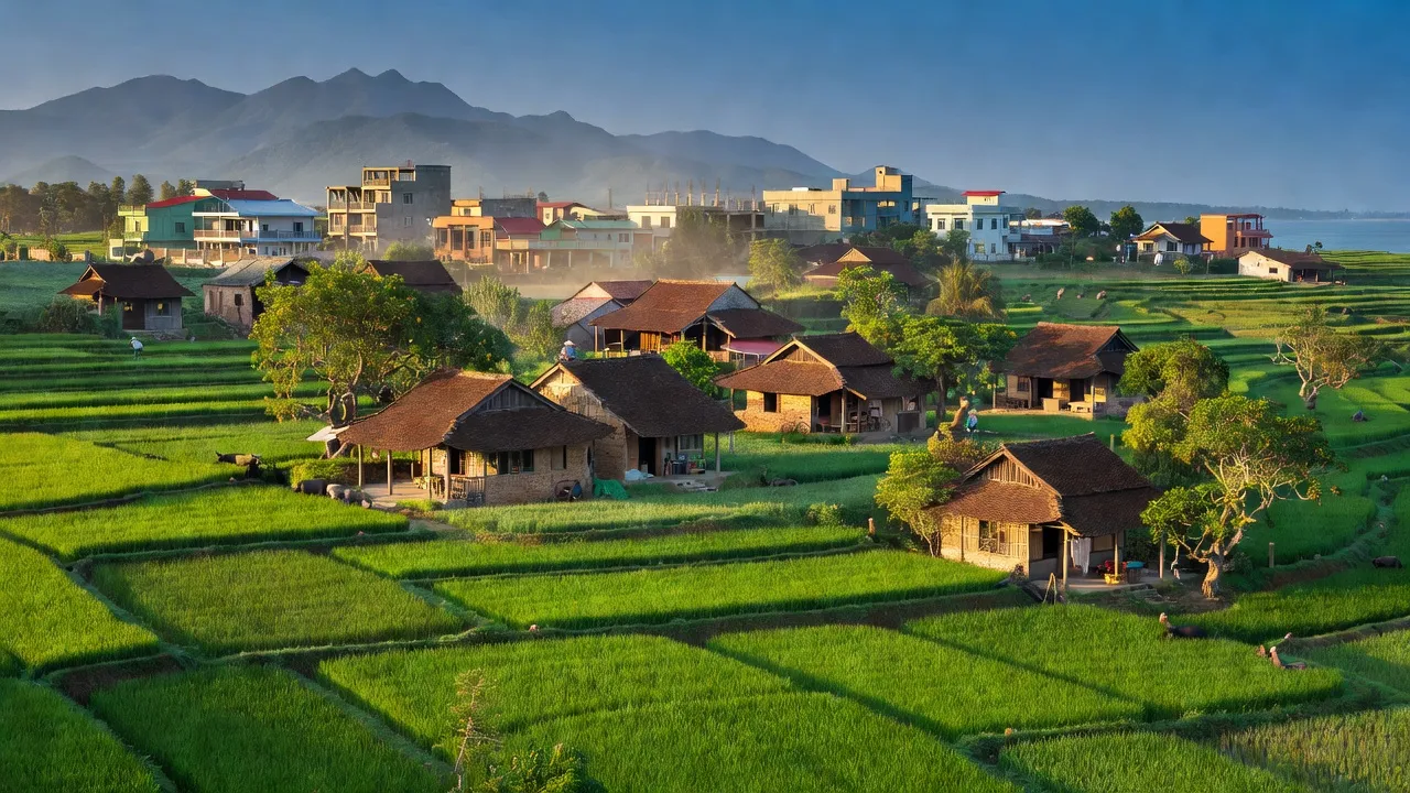 Quang cảnh xã Diễn Mỹ, huyện Diễn Châu, với cánh đồng xanh và nhà truyền thống ở Nghệ An.