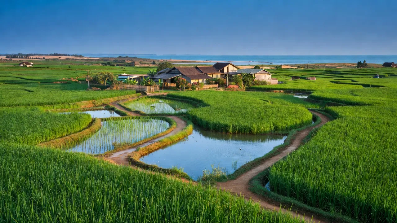 Quang cảnh xã Diễn Nguyên, huyện Diễn Châu, Nghệ An, với cánh đồng xanh và bờ biển xa xa.