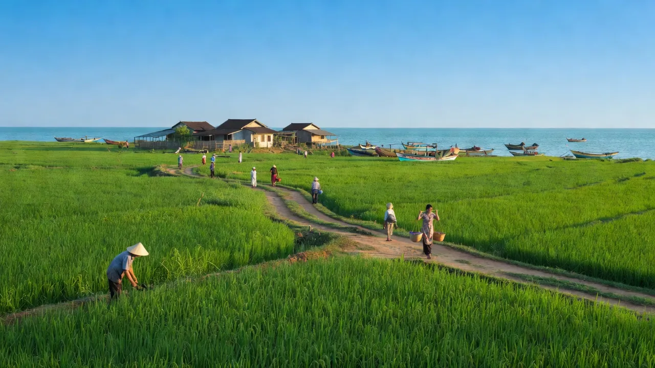 Cảnh đồng bằng ven biển Xã Diễn Phong, Huyện Diễn Châu, Tỉnh Nghệ An, với cánh đồng và bầu trời sáng.