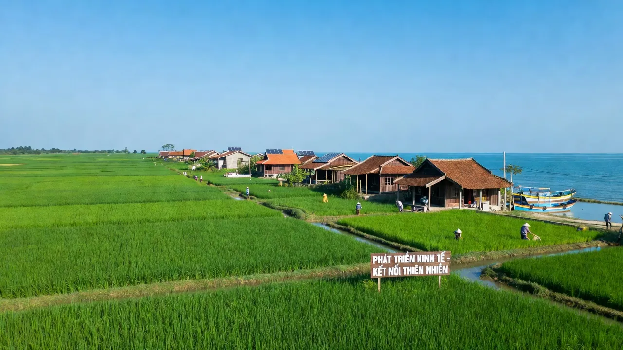 Cảnh quan xã Diễn Phú, huyện Diễn Châu, Nghệ An với cánh đồng và nhà truyền thống.