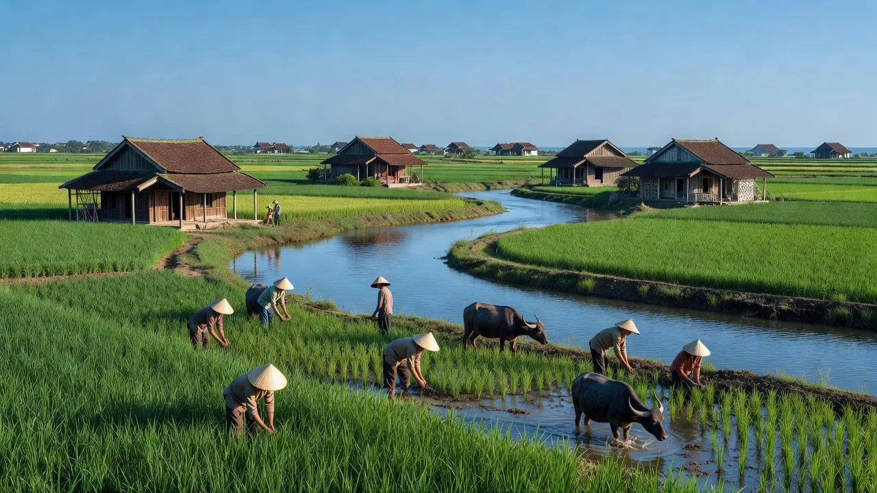 Khung cảnh thanh bình xã Diễn Phú, huyện Diễn Châu, Nghệ An với cánh đồng xanh và nhà truyền thống.