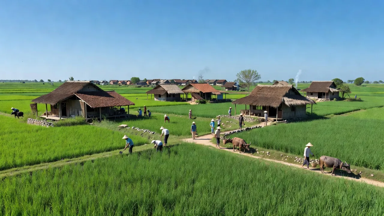Khung cảnh Xã Diễn Phúc, huyện Diễn Châu, Nghệ An với cảnh đồng xanh và nhà truyền thống.