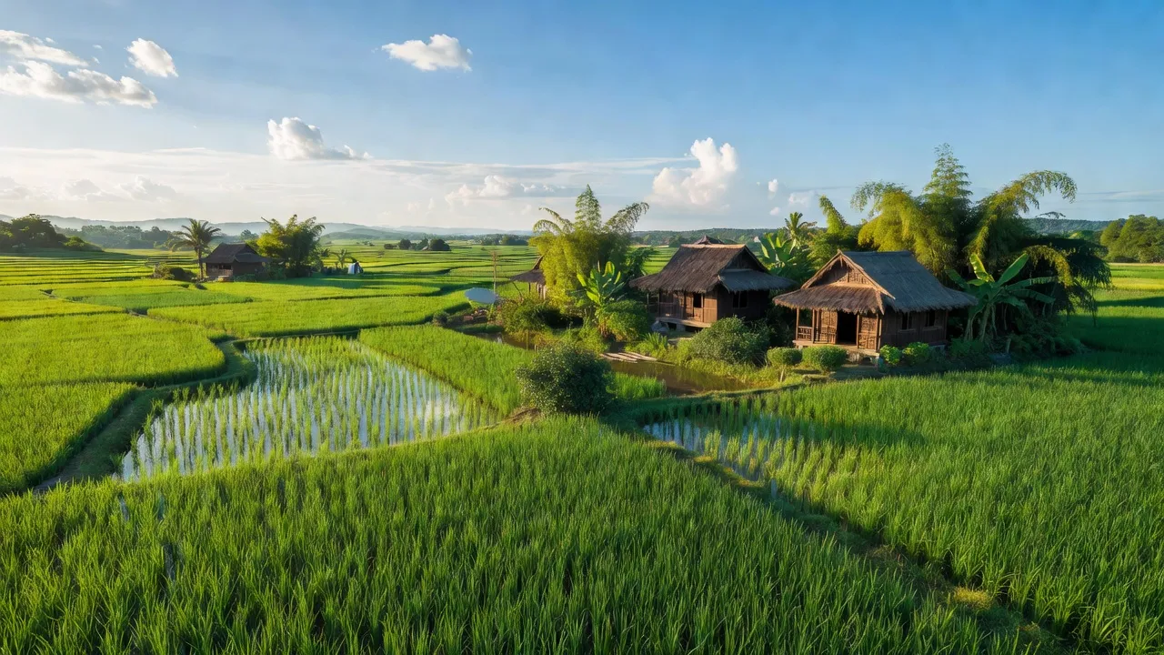 Khung cảnh thanh bình ở xã Diễn Tân, huyện Diễn Châu, tỉnh Nghệ An với cánh đồng xanh tươi.