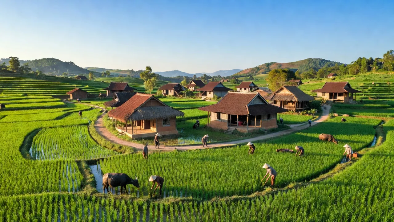 Xã Diễn Thịnh, huyện Diễn Châu, Nghệ An với ruộng lúa và nhà truyền thống, thể hiện văn hóa nông nghiệp.