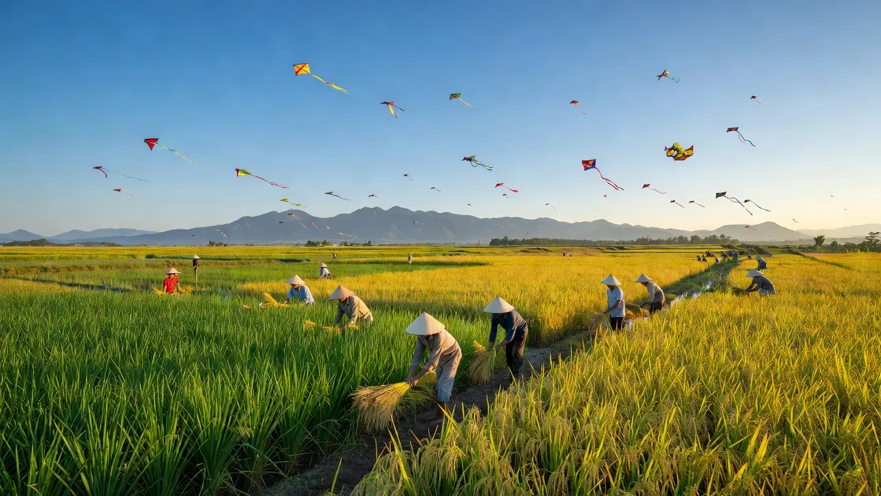 Cánh đồng xanh tươi ở xã Diễn Thọ, huyện Diễn Châu, tỉnh Nghệ An với nông dân làm việc.