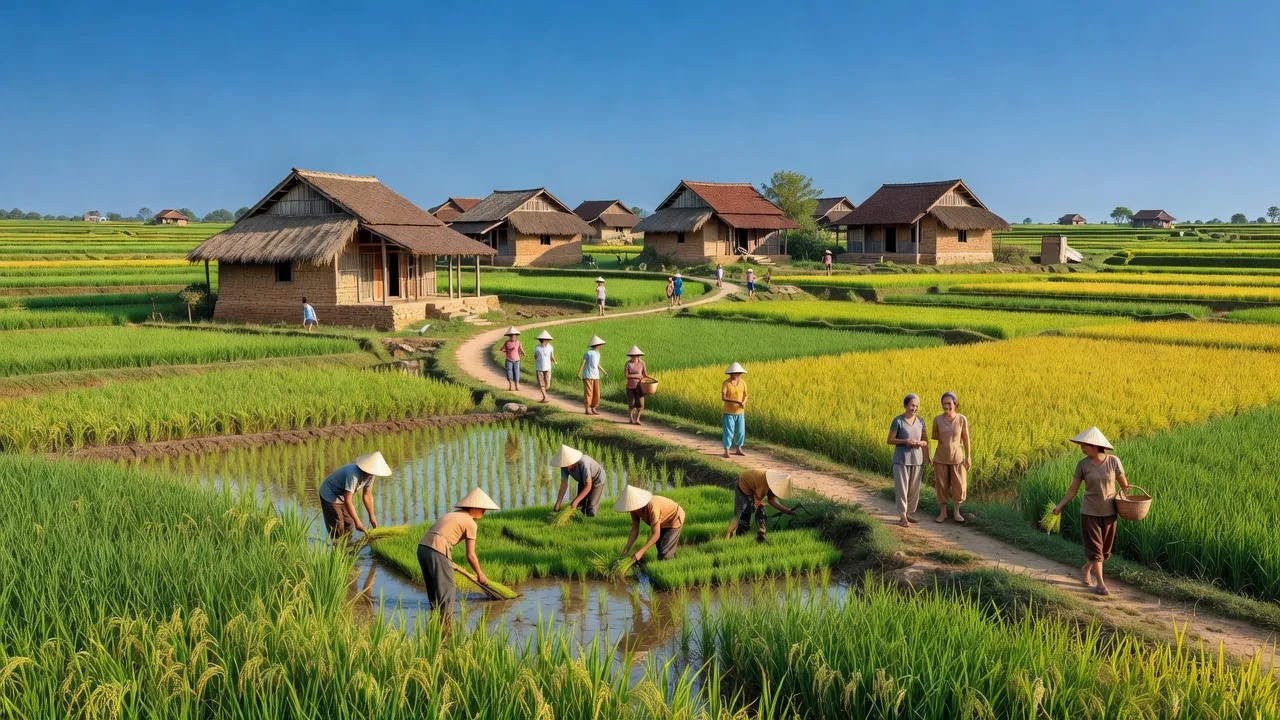 Cảnh quan xã Diễn Thọ, huyện Diễn Châu, Nghệ An với đồng ruộng xanh tươi và nhà truyền thống.