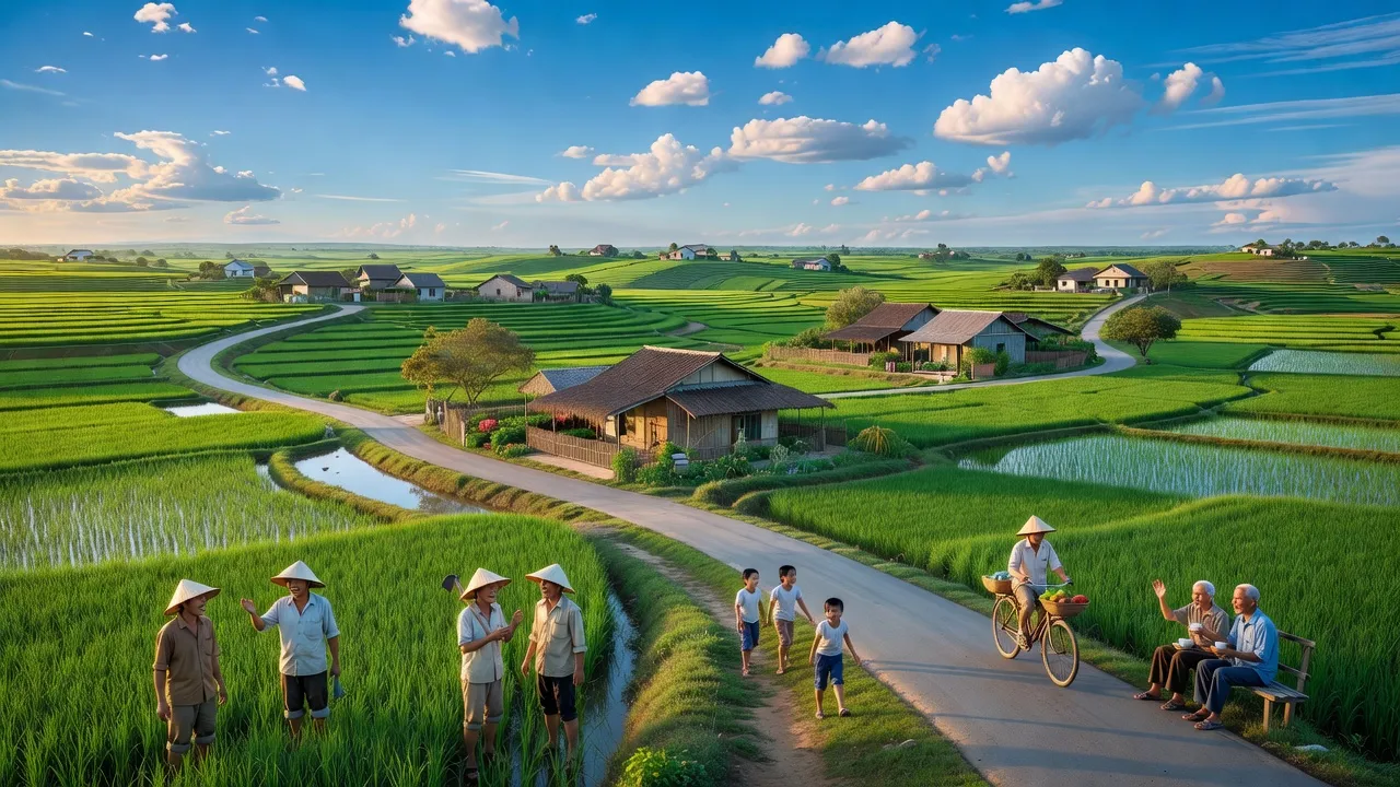 Cảnh quan huyện Đô Lương, Nghệ An với cánh đồng xanh tươi và cuộc sống hàng ngày.