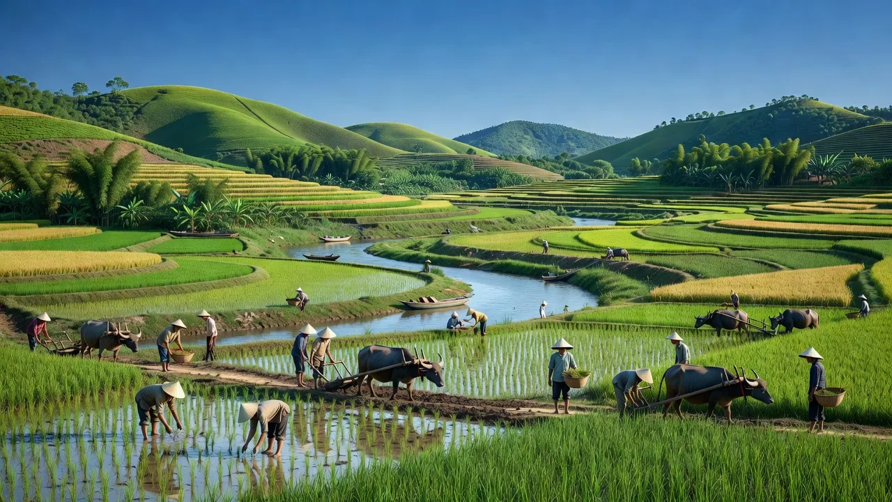 Quang cảnh xã Bắc Sơn, huyện Đô Lương, tỉnh Nghệ An với sông Lam và cánh đồng xanh mát.