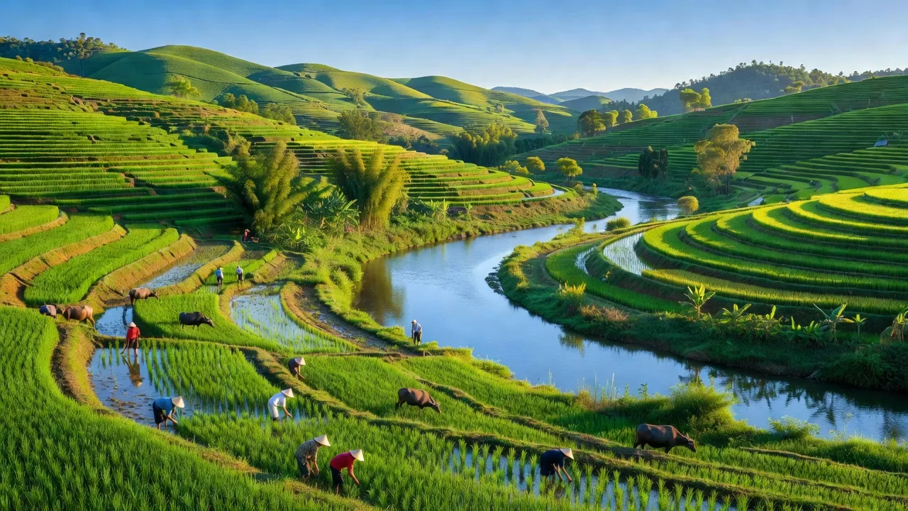 Thiên nhiên xã Bắc Sơn, huyện Đô Lương với những cánh đồng xanh mướt và sông Lam.