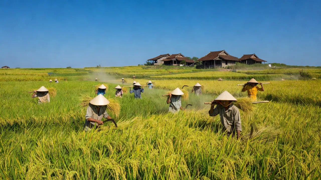 Cảnh sắc bình dị xã Bạch Ngọc, huyện Đô Lương, tỉnh Nghệ An với cánh đồng xanh tươi và nhà truyền thống.