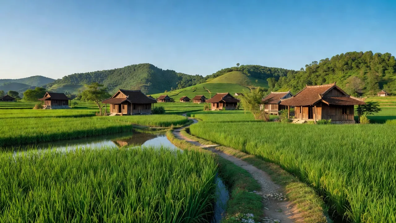 Cảnh đẹp xã Bồi Sơn, huyện Đô Lương, Nghệ An với cánh đồng xanh và nhà gỗ truyền thống.