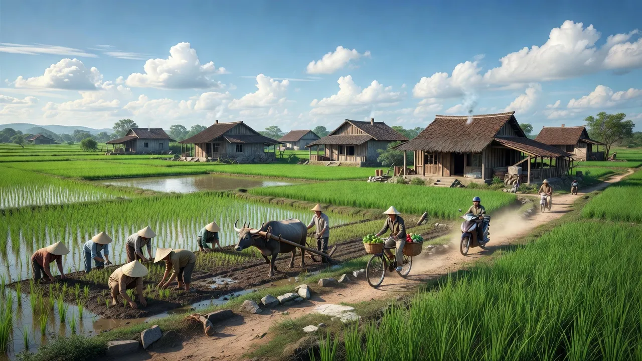 Cảnh đẹp xã Đà Sơn, huyện Đô Lương, Nghệ An với đồng xanh và nhà truyền thống Việt Nam.