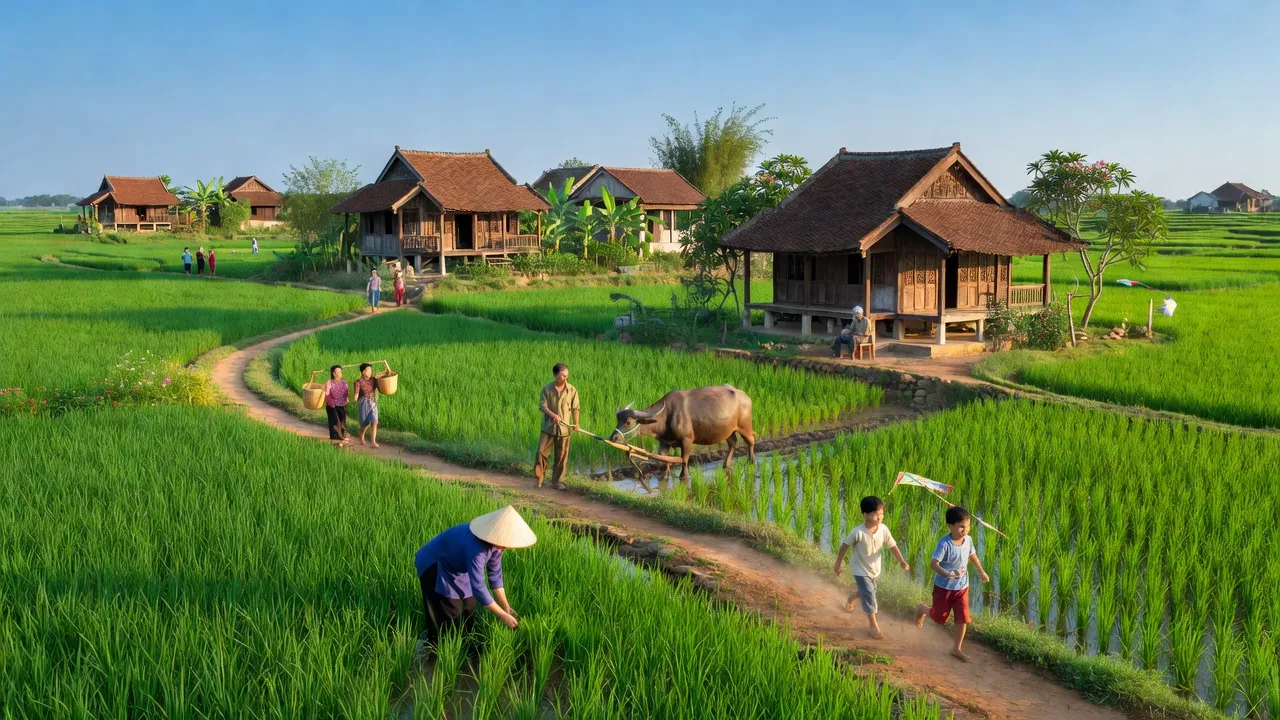 Xã Đại Sơn in Đô Lương, Nghệ An with green fields and traditional houses, showcasing rural life.