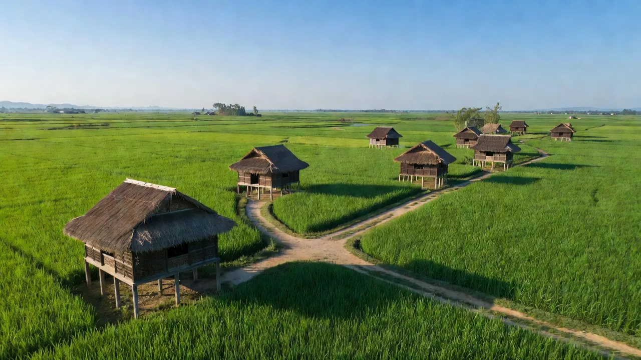 Cảnh cánh đồng tại xã Đặng Sơn, huyện Đô Lương, tỉnh Nghệ An, với nhà sàn và cây xanh.