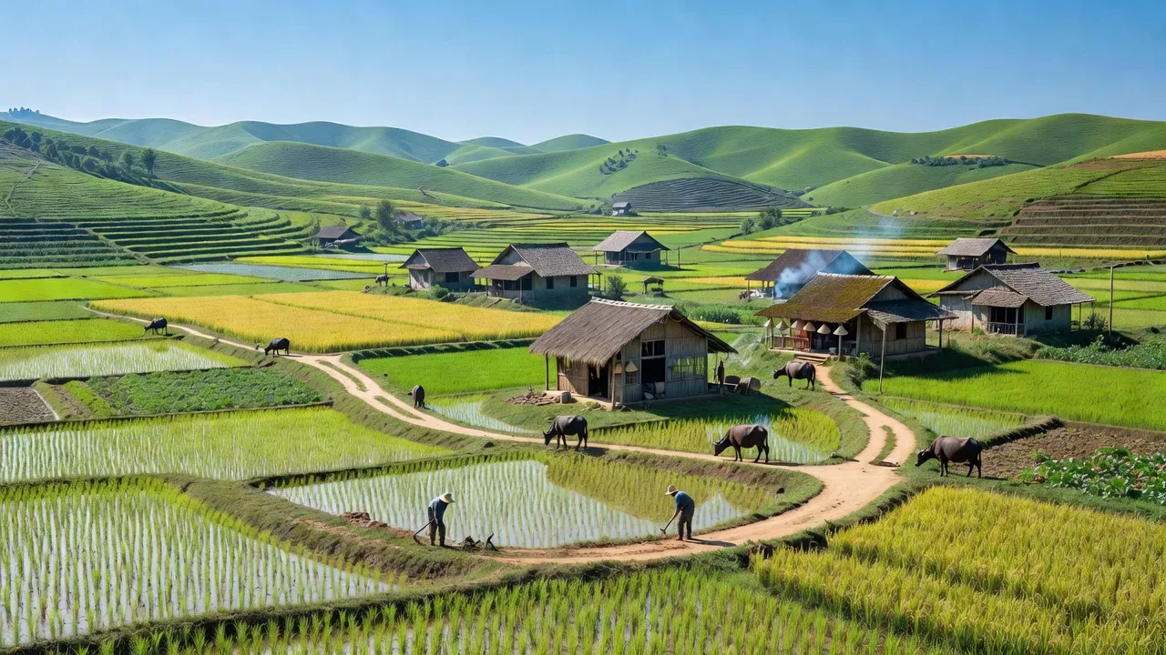 Khung cảnh xã Giang Sơn Đông, huyện Đô Lương với đồng ruộng xanh tươi và đồi núi, Nghệ An.