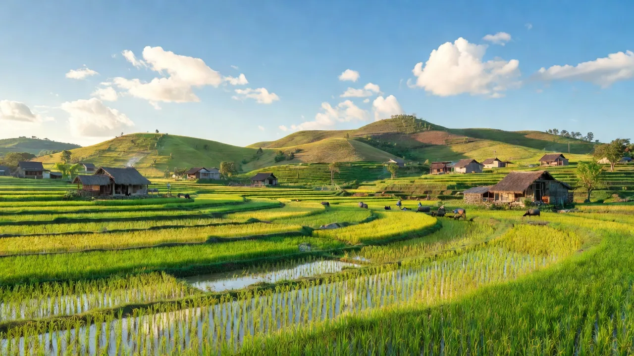 Cảnh sắc Xã Giang Sơn Tây, Đô Lương với cánh đồng xanh, đồi núi và nhà truyền thống.