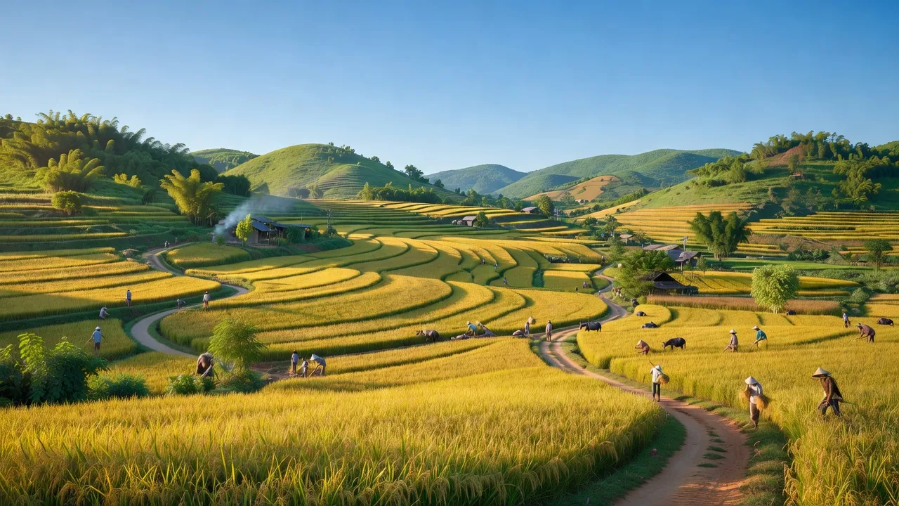 Phong cảnh xã Giang Sơn Tây, huyện Đô Lương, Nghệ An với cánh đồng lúa và đồi núi.